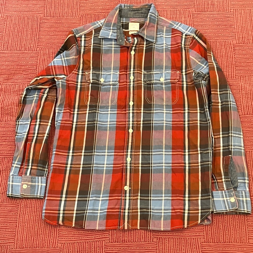 GAP medium Men's Multicolor Plaid Button Down Shirt with denim trim